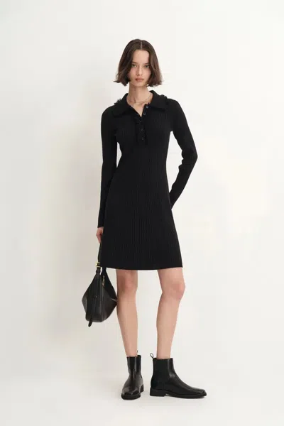 Fabrique Anja Fringe Collar Long Sleeve Short Dress In Merino Wool Knit In Black