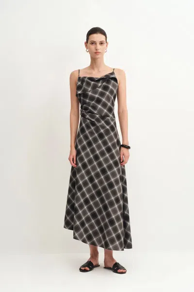 Fabrique Anna Slanted Checkered Strap Dress In Fine Wool Blend In Multi