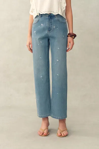 Fabrique Annette Embroidered Crystal Embellished Dandelion Cropped Straight Leg Jeans In Stretch Cotton Denim In Blue