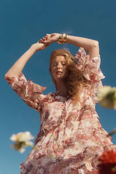 Fabrique Annette Tiered Ruffle Hand-painted Print Dress In Sheer Chiffon In Pink