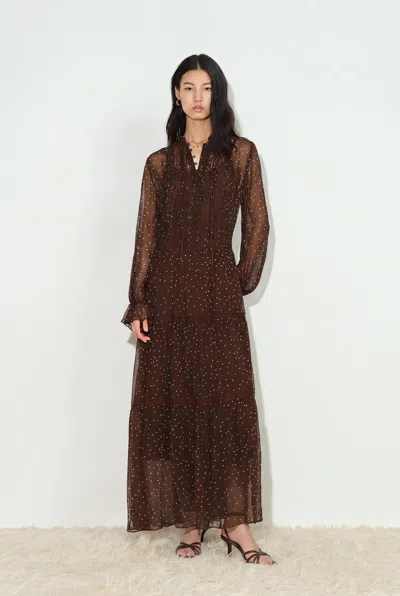 Fabrique Anselm Polka Dot Ruffle Trim Dress With Inner Slip Dress In Brown