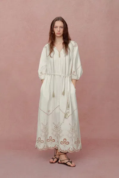 Fabrique Antonia Artisan Embroidery Dress In Linen Blend In Multi