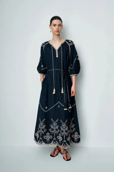 Fabrique Antonia Embroidered Robe Dress In Linen Blend In Blue