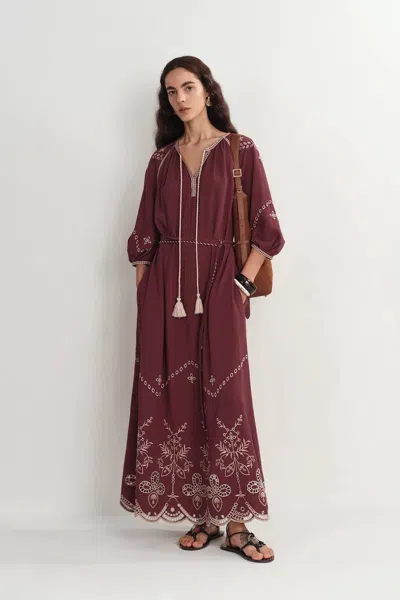 Fabrique Antonia European Inspired Openwork Embroidery Maxi Dress In Linen Viscose Blend