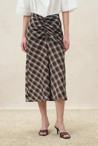 Fabrique Anya Plaid Ruched Split Hem Skirt In Brown