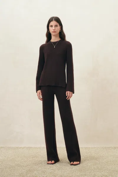 Fabrique Anya Side Slit Top In Cotton Knit In Brown