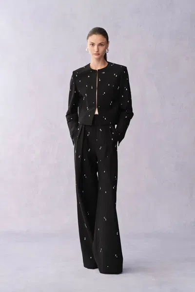 Fabrique Aquila Hand Sewn Rhinestone Crop Suit Blazer And Pants Matching Sets In Fine Wool Suiting In Black