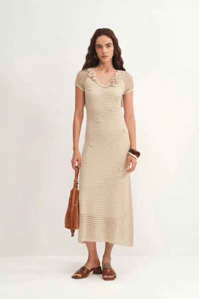 Fabrique Arali Hand Crocheted Floral Applique Dress In Lyocell Cashmere In Yellow