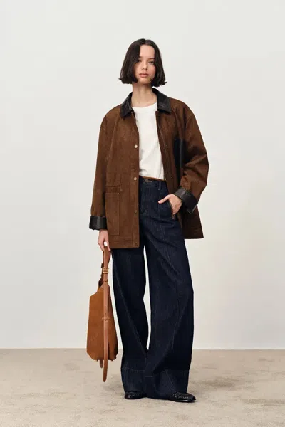 Fabrique Arden Adjustable Drawstring Leather Jacket In Faux Suede In Brown