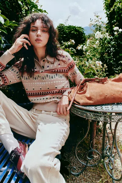 Fabrique Aria Fair Isle Cropped Polo Sweater In Wool Yarn In Earth Tone