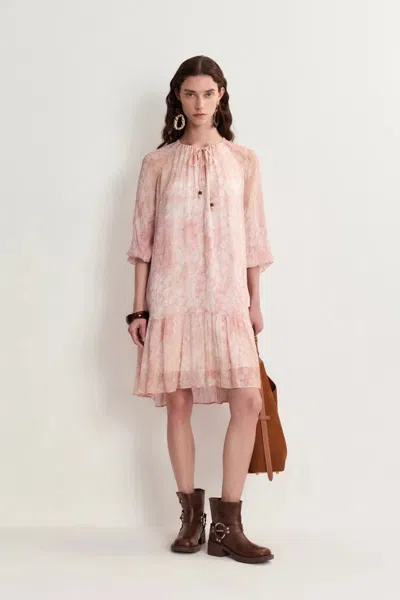 Fabrique Arianna Hand Painted Flora Print Long Sleeve Dress In Crinkled Rayon In Pink