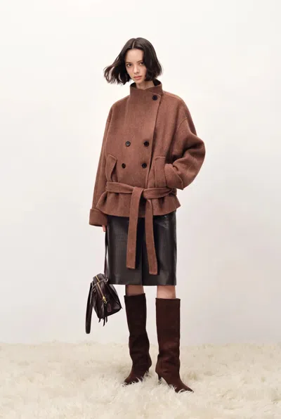Fabrique Asa Belted Low Waist Cropped Coat In Wool Blend In Earth Tone