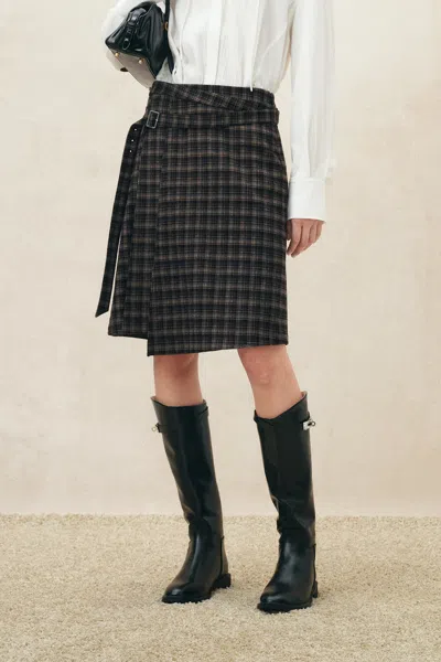 Fabrique Ashley Plaid Wrap Skirt In Flannel In Brown