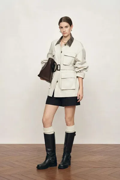Fabrique Atticus Belted Leather-collar Jacket In Fine Cotton Twill In White