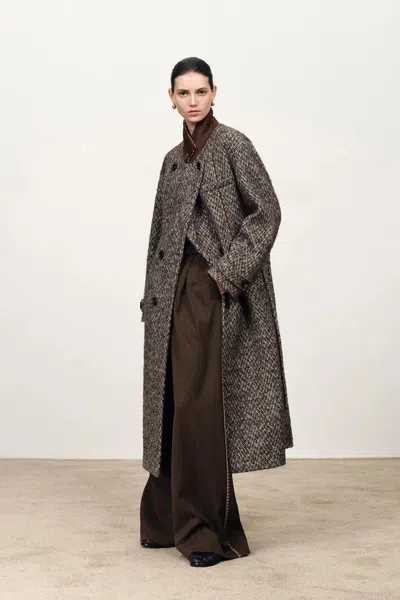 Fabrique Audrey Plaid Wool Coat In Herringbone Merino Wool In Brown