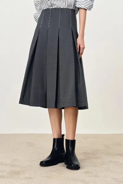 Fabrique Ava Hand Embroidered Topstitching Midi Pleated Skirt In Australian Merino Wool In Gray