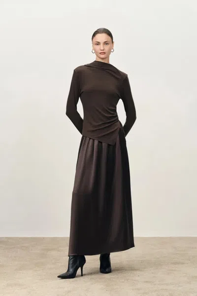 Fabrique Ava Pleated Long Sleeve Top And Acetate Skirt Set In Tencel Merino Knit In Brown