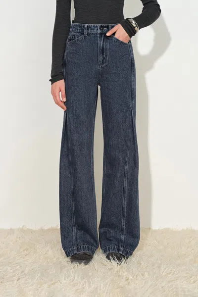 Fabrique Avery Pleated Deconstructed Straight Leg Jeans In Cotton Denim In Blue