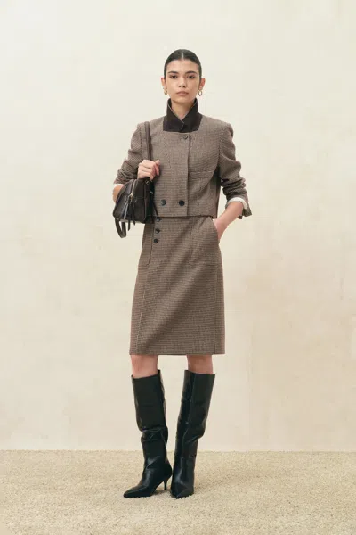 Fabrique Aviana Houndstooth Cropped Blazer In Wool Blend In Earth Tone