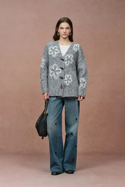 Fabrique Ayanna Floral Cardigan In Merino Wool In Gray