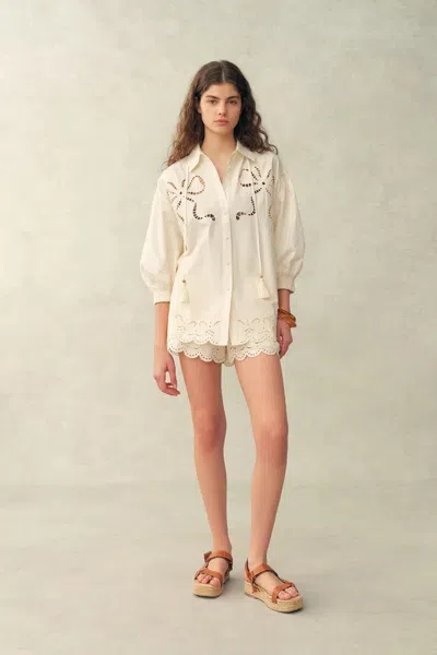 Fabrique Babette Eyelet Embroidered Puff Sleeve Set In Cotton Poplin In White