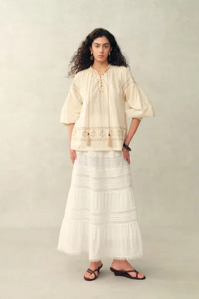 Fabrique Bailey Smocked Embroidered Shirt In Crepe Cotton In Yellow