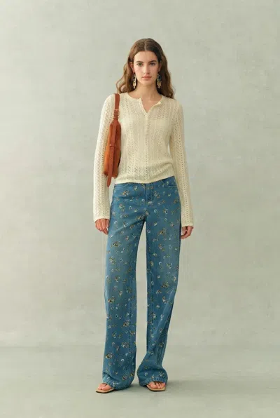 Fabrique Barbara Openwork Textured Henley-neck Top In Fine Cotton Yarn Knit In Neutral
