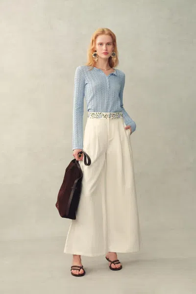 Fabrique Barbara Scalloped Long Sleeve Top In Premium Cotton Knit In Blue
