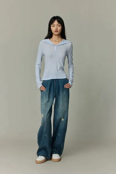 Fabrique Basic Fitted Hoodie Top In Tencel-wool Blend In Blue