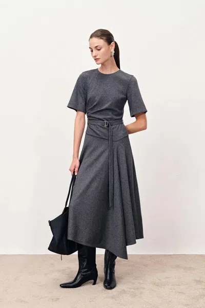 Fabrique Bea Asymmetric Hem Wool Dress In Merino Wool In Gray