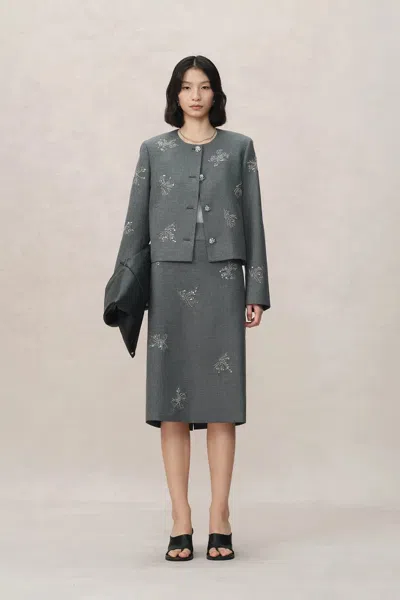 Fabrique Beading Wrinkle Resistant Embroidered Boxy Tailored Jacket In Fine Worsted Wool In Gray