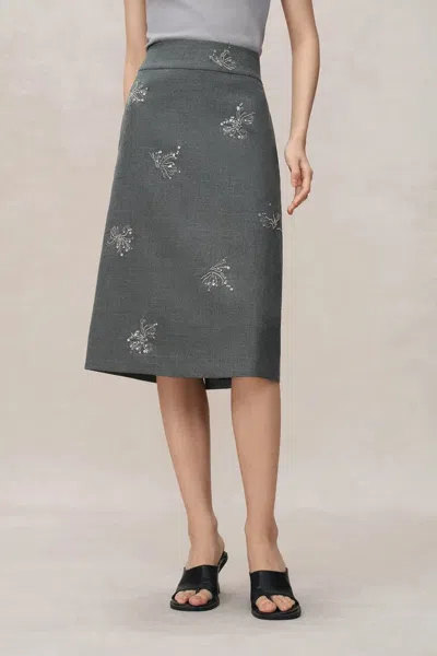 Fabrique Beading Wrinkle Resistant Embroidered Skirt In Fine Worsted Wool In Gray