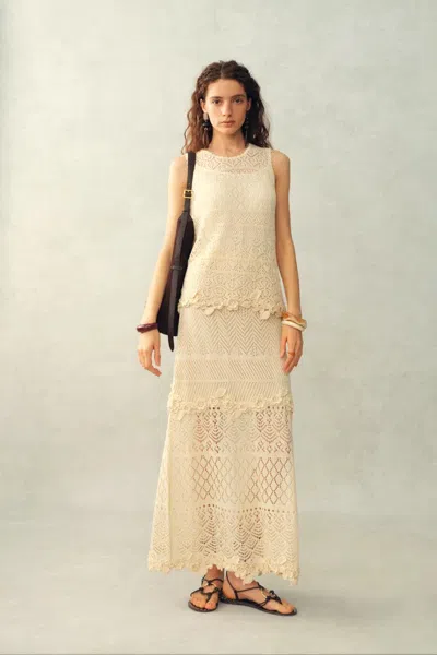 Fabrique Beatrice 3d Floral Openwork Top And Skirt Matching Set In Linen Knit In Nude