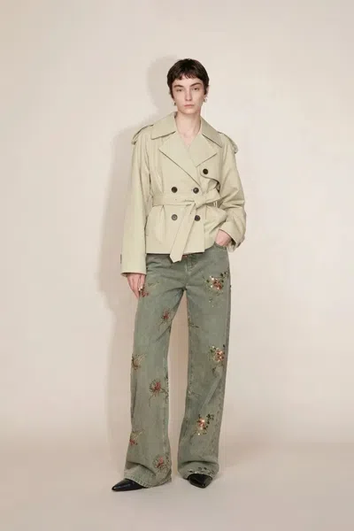 Fabrique Beatrice Contrast-trim Short Trench Coat In High-density Cotton Twill In Green