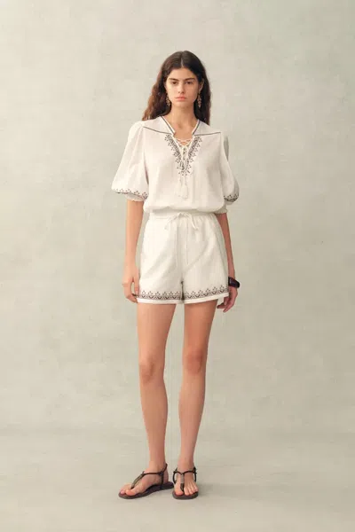Fabrique Becky Cross Stitch Tie Front Short Sleeve Shirt And Shorts Set In Linen Blend In White