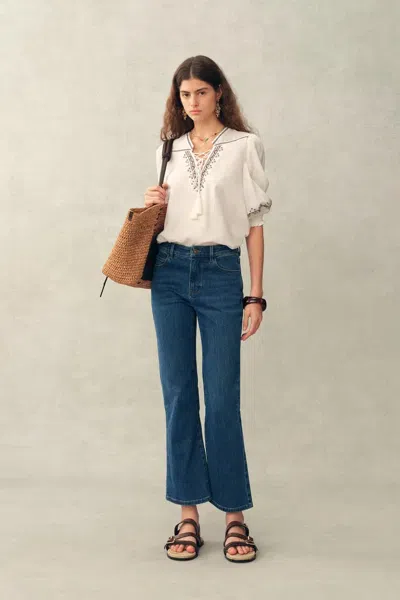 Fabrique Becky Cross Stitch Tie Front Short Sleeve Shirt In Linen Blend In White