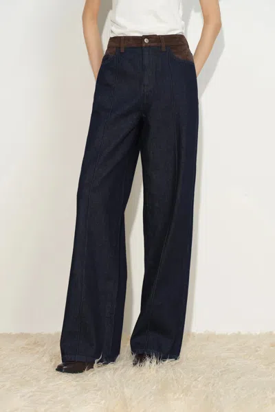 Fabrique Bella Suede Panel Wide Leg Jeans In Cotton Denim In Black