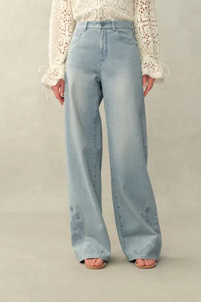 Fabrique Berthe Embossed Flowers Straight Leg Jeans In Cotton Denim In Blue