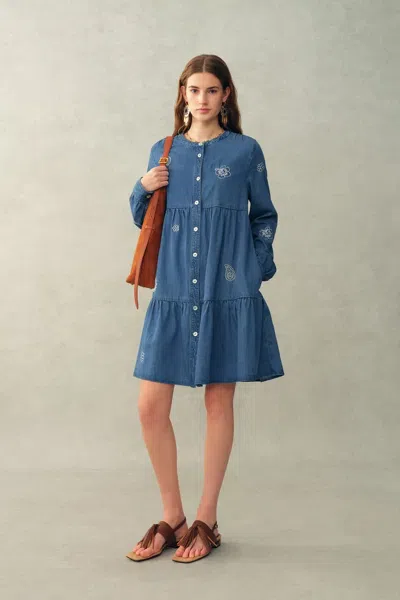Fabrique Betsy Embroidered Dress In Thin Denim In Blue