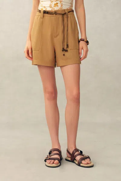 Fabrique Billie Beaded Belt Tailored Shorts In Linen-blend Suiting In Neutral