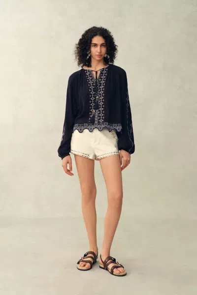 Fabrique Blair Boho Embroidered  Sheer Lace Puff Sleeve Blouse In Crinkled Georgette In Multi