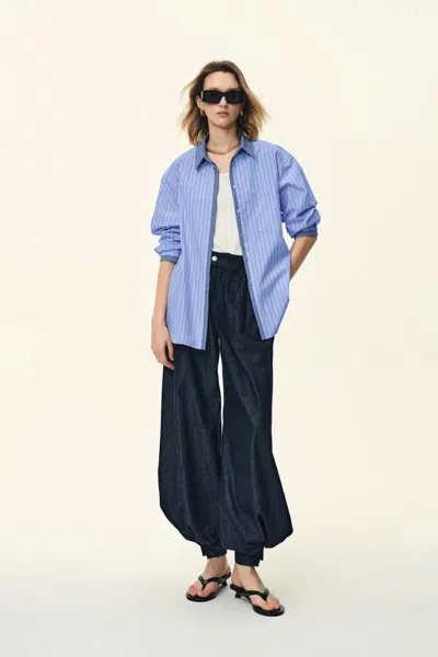 Fabrique Blair Contrast Collar Striped Denim Patchwork Shirt In Cotton Poplin In Blue