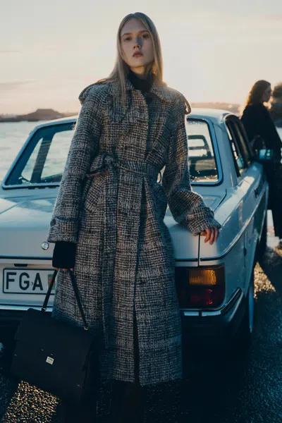Fabrique Blaise Mélange Plaid Belted Long Coat In Bouclé Tweed In Blue
