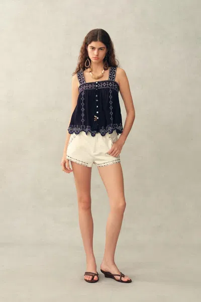 Fabrique Blaze Boho Embroidery Fringe Tie Front Sleeveless Top In Crinkled Georgette In Animal Print