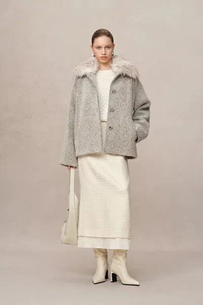 Fabrique Blossom Detachable Fur Collar Coat In Ultra-light Alpaca Bouclé In Gray