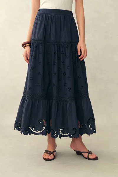 Fabrique Blue Ivy Cutwork Embroidery Maxi Skirt In Cotton Jacquard With Lace