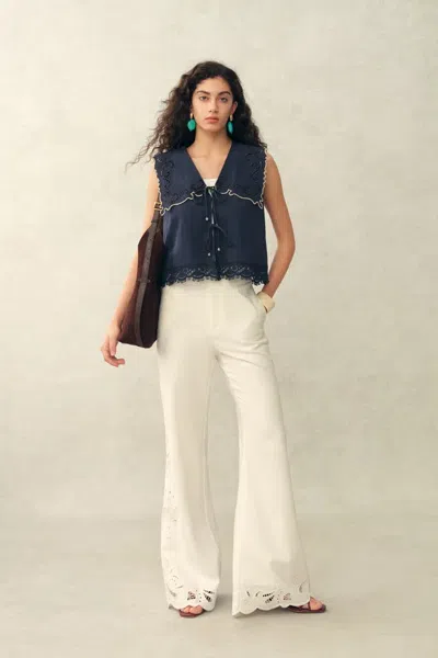 Fabrique Blue Ivy Sailor Collar Sleeve Sleeveless Top In Cotton Jacquard With Lace In Neutral