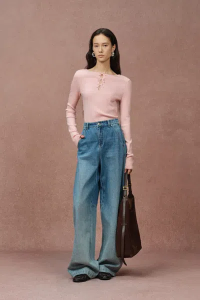 Fabrique Bow Cutwork Fitted Sweater In Stretchy Merino Wool Knit In Multi