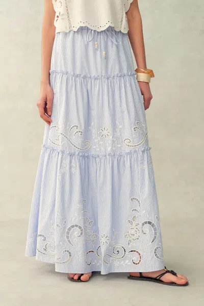 Fabrique Bree Striped Embroidered Drawstring Tiered Skirt In Crinkled Cotton In Blue