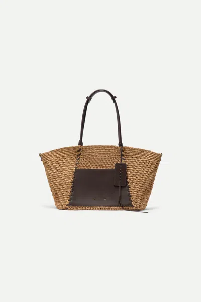 Fabrique Brera Beach Tote Large Bag With Mirror In Handwoven And Top-grain Leather Patchwork In Brown
